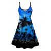 Sunset Tree Print V Neck High Waist Spaghetti Strap Dress and Roll Up Sleeve Shirt Resort Hawaii Outfit - Bleu S | US 4