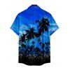 Sunset Tree Print V Neck High Waist Spaghetti Strap Dress and Roll Up Sleeve Shirt Resort Hawaii Outfit - Bleu S | US 4