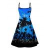 Sunset Tree Print V Neck High Waist Spaghetti Strap Dress and Roll Up Sleeve Shirt Resort Hawaii Outfit - Bleu S | US 4