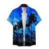 Sunset Tree Print V Neck High Waist Spaghetti Strap Dress and Roll Up Sleeve Shirt Resort Hawaii Outfit - Bleu S | US 4