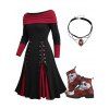 Off The Shoulder Contrast Patchwork Lace Up Dress and Skull Rose Lace Up Boots Spider Chain Choker Necklace Outfit - Noir S | US 4