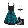 Lace Up Bat Print Dress and Zip Up Chunky Heel Punk Boots Halloween Bat Pendant Necklace Outfit - Noir S | US 4