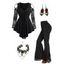 Plain Color See Thru Asymmetrical Top and Cinched Skirted Flare Pants Chain Choker Rose Earrings Outfit - Noir S | US 4