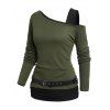 Contrast Color Skew Neck Belt Top and Rivet Decor Jogger Pants Life Tree Hoop Drop Earrings Outfit - Vert profond S | US 4