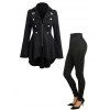 Solid Zipper Up Button Decor Turn Down Collar Coat and Rivet Decor Women Jogger Pants Outfit - Noir S | US 4