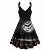 Halloween Pumpkin Spider Bat Print V Neck Dress and Zip Up Chunky Boots Solid Color Belt Skull Choker Necklace Outfit - Noir S | US 4