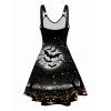 Halloween Pumpkin Spider Bat Print V Neck Dress and Zip Up Chunky Boots Solid Color Belt Skull Choker Necklace Outfit - Noir S | US 4