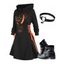 Cat Hat Moon Print Lace Up Hooded Dress and Zip Up Chunky Heel Punk Boots Cat Shape Choker Necklace Outfit - Noir S | US 4