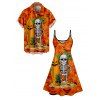 Skeleton Surfing Print V Neck High Waist Spaghetti Strap Dress and Roll Up Sleeve Shirt Resort Outfit - Orange S | US 4