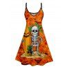 Skeleton Surfing Print V Neck High Waist Spaghetti Strap Dress and Roll Up Sleeve Shirt Resort Outfit - Orange S | US 4