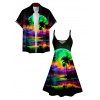 Colorful Beach Landscape Print V Neck Spaghetti Strap Dress and Roll Up Sleeve Shirt Resort Outfit - Noir S | US 4