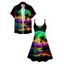 Colorful Beach Landscape Print V Neck Spaghetti Strap Dress and Roll Up Sleeve Shirt Resort Outfit - Noir S | US 4