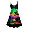 Colorful Beach Landscape Print V Neck Spaghetti Strap Dress and Roll Up Sleeve Shirt Resort Outfit - Noir S | US 4