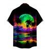 Colorful Beach Landscape Print V Neck Spaghetti Strap Dress and Roll Up Sleeve Shirt Resort Outfit - Noir S | US 4