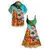 Christmas Santa Claus Surfing Print V Neck Spaghetti Strap Dress and Roll Up Sleeve Shirt Resort Outfit - Orange S | US 4