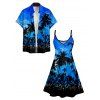 Sunset Tree Print V Neck High Waist Spaghetti Strap Dress and Roll Up Sleeve Shirt Resort Outfit - Bleu S | US 4