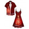 Christmas Tree Glitter Print V Neck High Waist Spaghetti Strap Dress and Roll Up Sleeve Shirt Outfit - Rouge foncé S | US 4