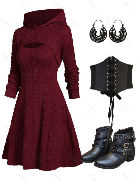 Hooded Cable Sweater Dress Set Lace Up Corset Belt and Zip Up Chunky Heel Boots Tribal Style Floral Earrings Outfit - Rouge foncé S | US 4