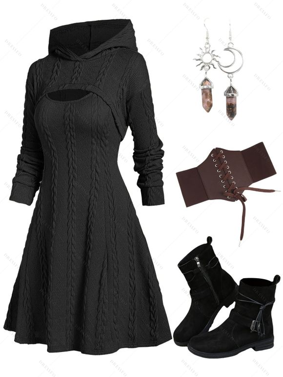 Hooded Cable Knit Arm Sweater Dress Set and Lace Up Corset Belt Lace Up Ankle Boots Hollow Out Earrings Outfit - Noir S | US 4