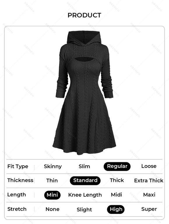 Hooded Cable Knit Arm Sweater Dress Set and Lace Up Corset Belt Lace Up Ankle Boots Hollow Out Earrings Outfit - Noir S | US 4
