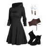 Hooded Cable Knit Arm Sweater Dress Set and Lace Up Corset Belt Lace Up Ankle Boots Hollow Out Earrings Outfit - Noir S | US 4