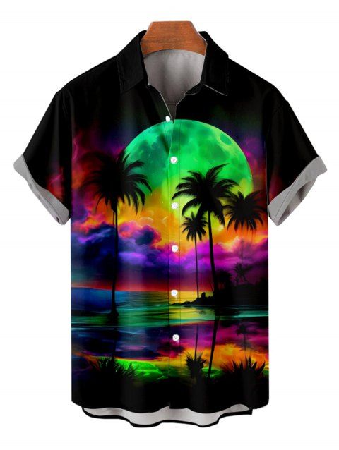 Chemise Décontractée Paysage de Plage Coloré Imprimé à Manches Roulées