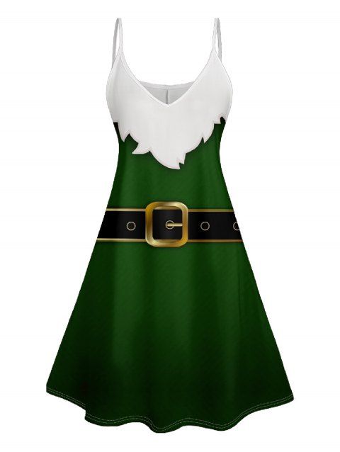 Christmas Belt Print Contrast V Neck High Waist Spaghetti Strap Dress Sleeveless Summer A Line Cami Dress