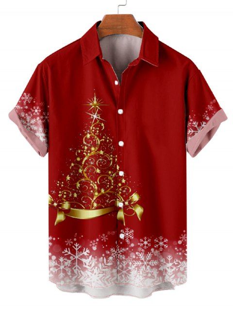 Chemise Décontractée Sapin de Noël et Neige Imprimés à Manches Roulées à Paillettes