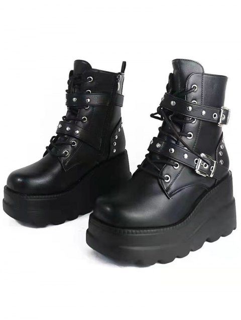 Gothic Chain Detail Chunky Sole Fashionable Double Buckle Straps Zipper Boots