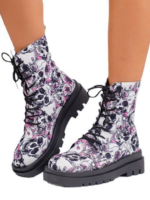 3D Skull Print Lace-Up Martin Boots Round-Toe Flat Mid-Calf Boots