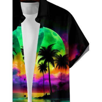 Men's Colorful Beach Landscape Print Roll Up Sleeve Shirt Button Up Short Sleeve Casual Shirt