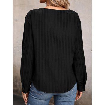 Contrast Stripe Embossed Mock Button Asymmetric Neck Long Sleeve Top