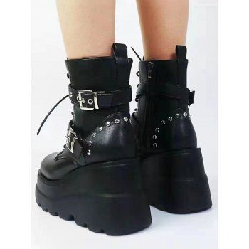 Gothic Chain Detail Chunky Sole Fashionable Double Buckle Straps Zipper Boots