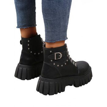 Fashion Studded Detailing PU Buckle Elastic Patchwork Platform Sole Martin Boots