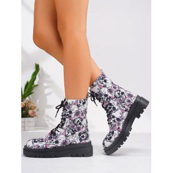 3D Skull Print Lace-Up Martin Boots Round-Toe Flat Mid-Calf Boots