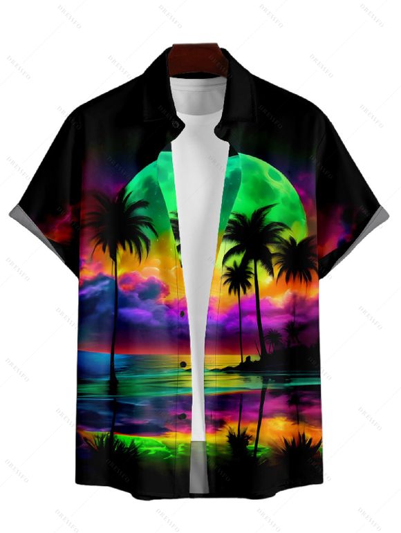 Chemise Décontractée Paysage de Plage Coloré Imprimé à Manches Roulées - Noir M
