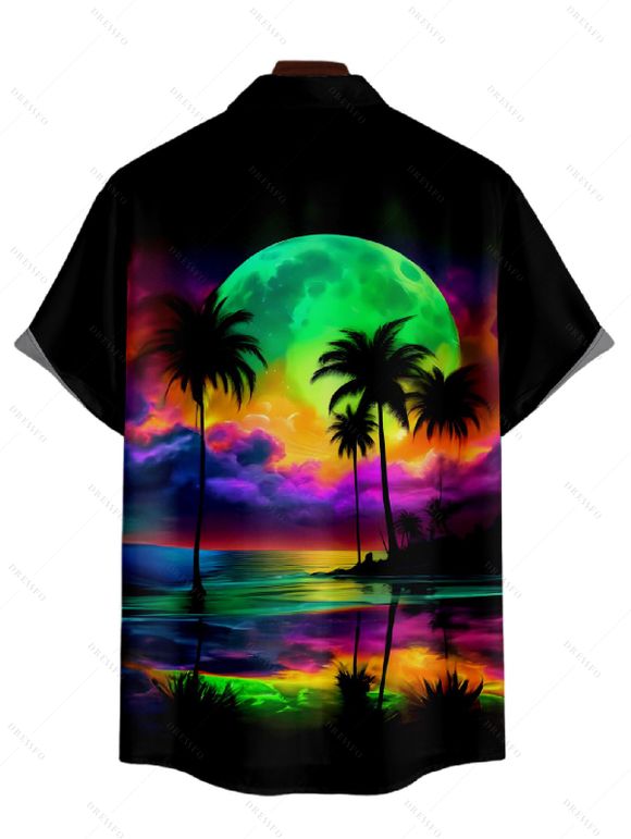 Chemise Décontractée Paysage de Plage Coloré Imprimé à Manches Roulées - Noir M