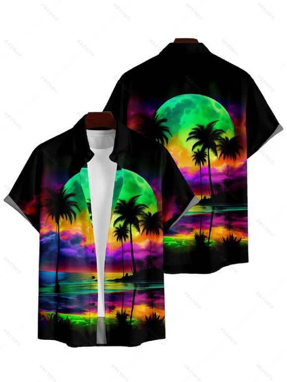 Chemise Décontractée Paysage de Plage Coloré Imprimé à Manches Roulées - Noir M