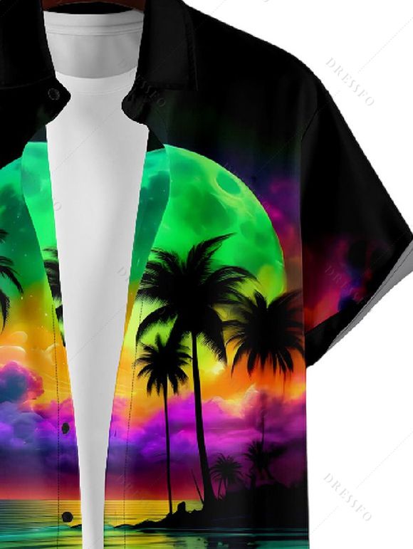 Chemise Décontractée Paysage de Plage Coloré Imprimé à Manches Roulées - Noir M