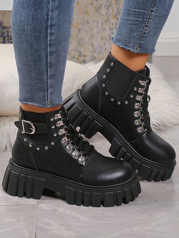 Fashion Studded Detailing PU Buckle Elastic Patchwork Platform Sole Martin Boots - Noir EU 39