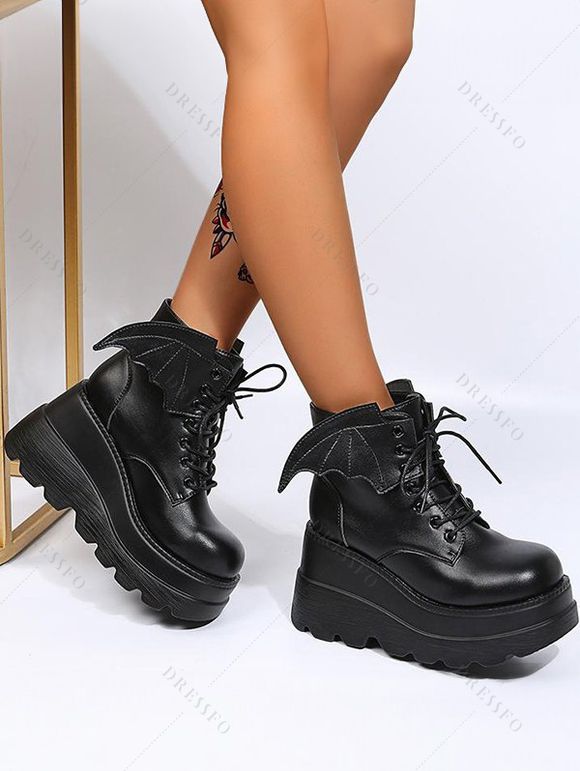 Gothic Winged Wedge Ankle Boots Solid PU Platform Martin Boots - Noir EU 43