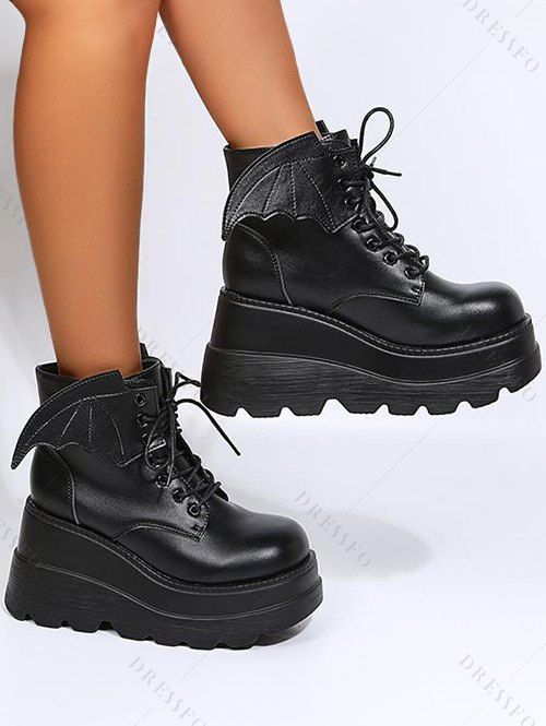 Gothic Winged Wedge Ankle Boots Solid PU Platform Martin Boots - Noir EU 42