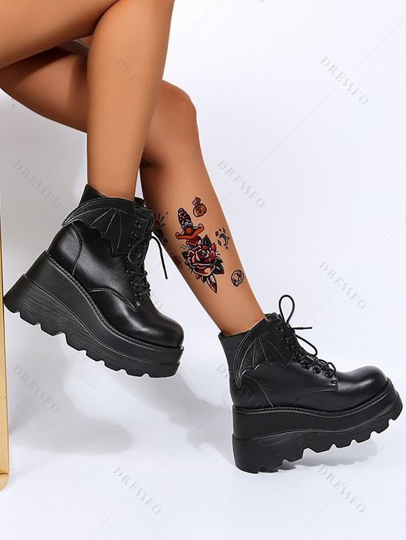Gothic Winged Wedge Ankle Boots Solid PU Platform Martin Boots - Noir EU 42