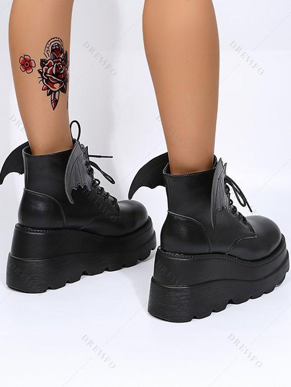 Gothic Winged Wedge Ankle Boots Solid PU Platform Martin Boots - Noir EU 42