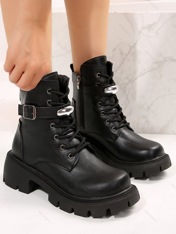 Solid Lace Up Buckle Platform Martin Chunky Heel British Style Zip Up Boots - Noir EU 43