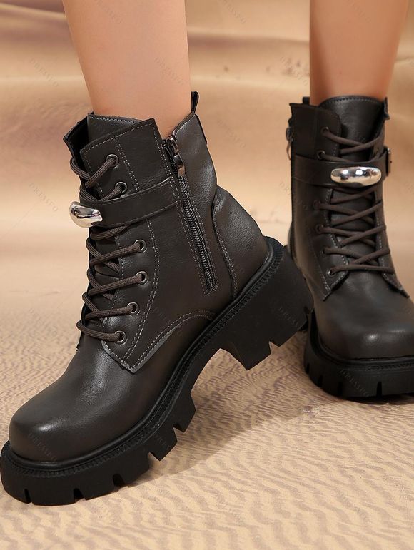 Solid Lace Up Buckle Platform Martin Chunky Heel British Style Zip Up Boots - Café profond EU 42