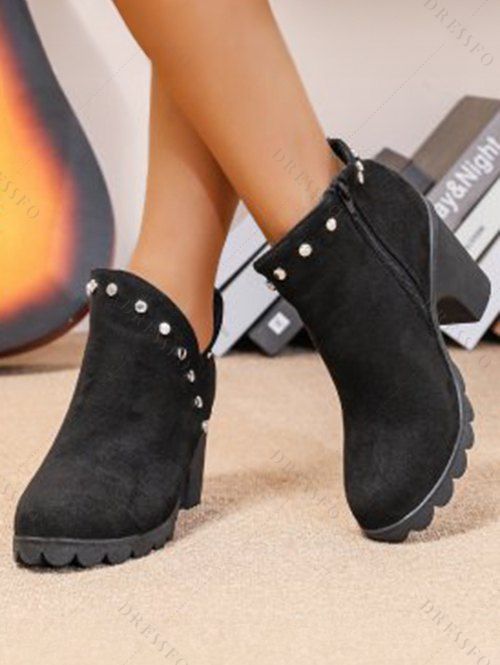 Comfortable Side Zipper Chunky Heel Ankle Boots - Noir EU 38
