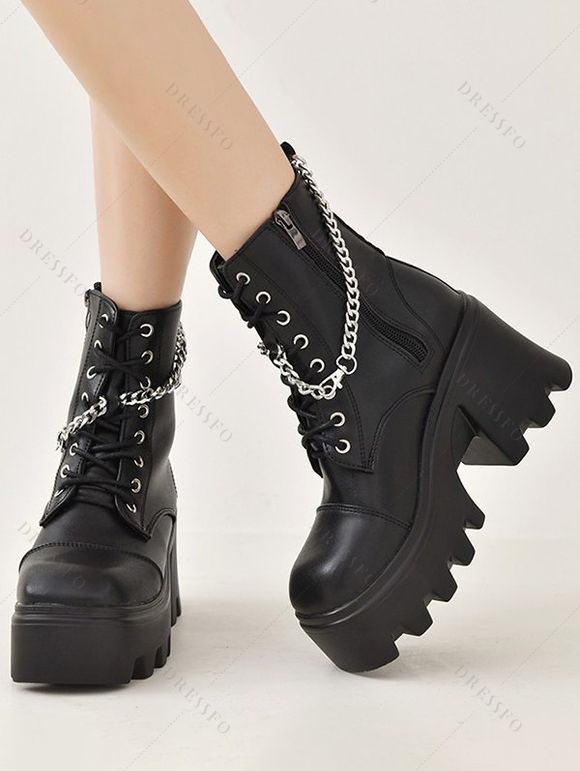 Chain Decor Chunky Sole Black British Style Martin Boots Punk Short Motorcycle Boots - Noir EU 42