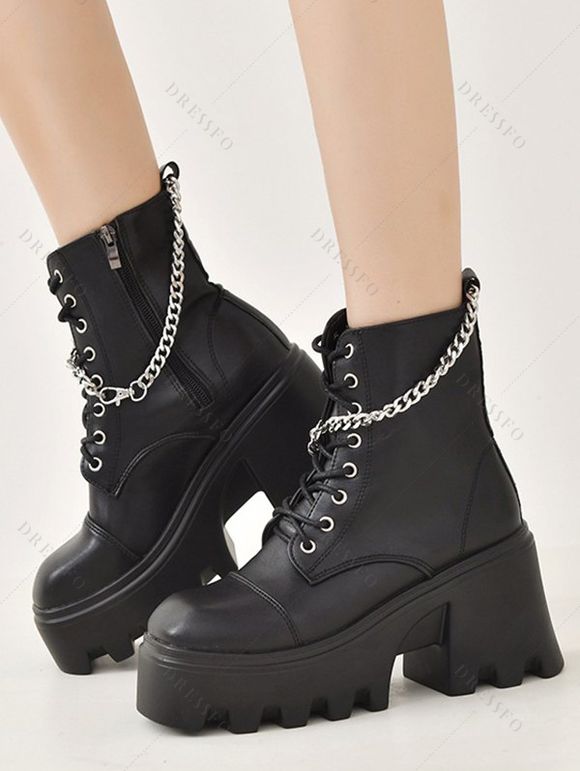 Chain Decor Chunky Sole Black British Style Martin Boots Punk Short Motorcycle Boots - Noir EU 42
