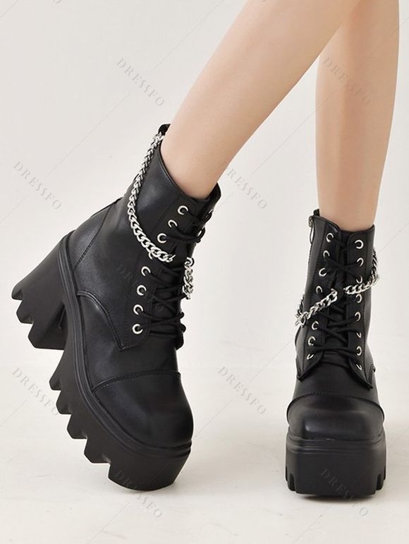 Chain Decor Chunky Sole Black British Style Martin Boots Punk Short Motorcycle Boots - Noir EU 42